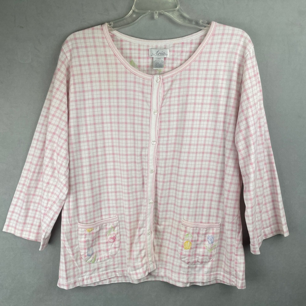 Aria Wmn L Pink White Plaid Button Sleep Shirt Top Floral Pockets Cotton Cottage